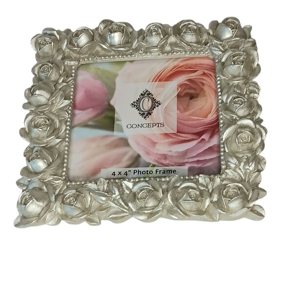 Square Silver Floral Roses Tabletop Frame By Concepts 5.5x5.5 Photo Size 4x4 - Picture 8 of 13